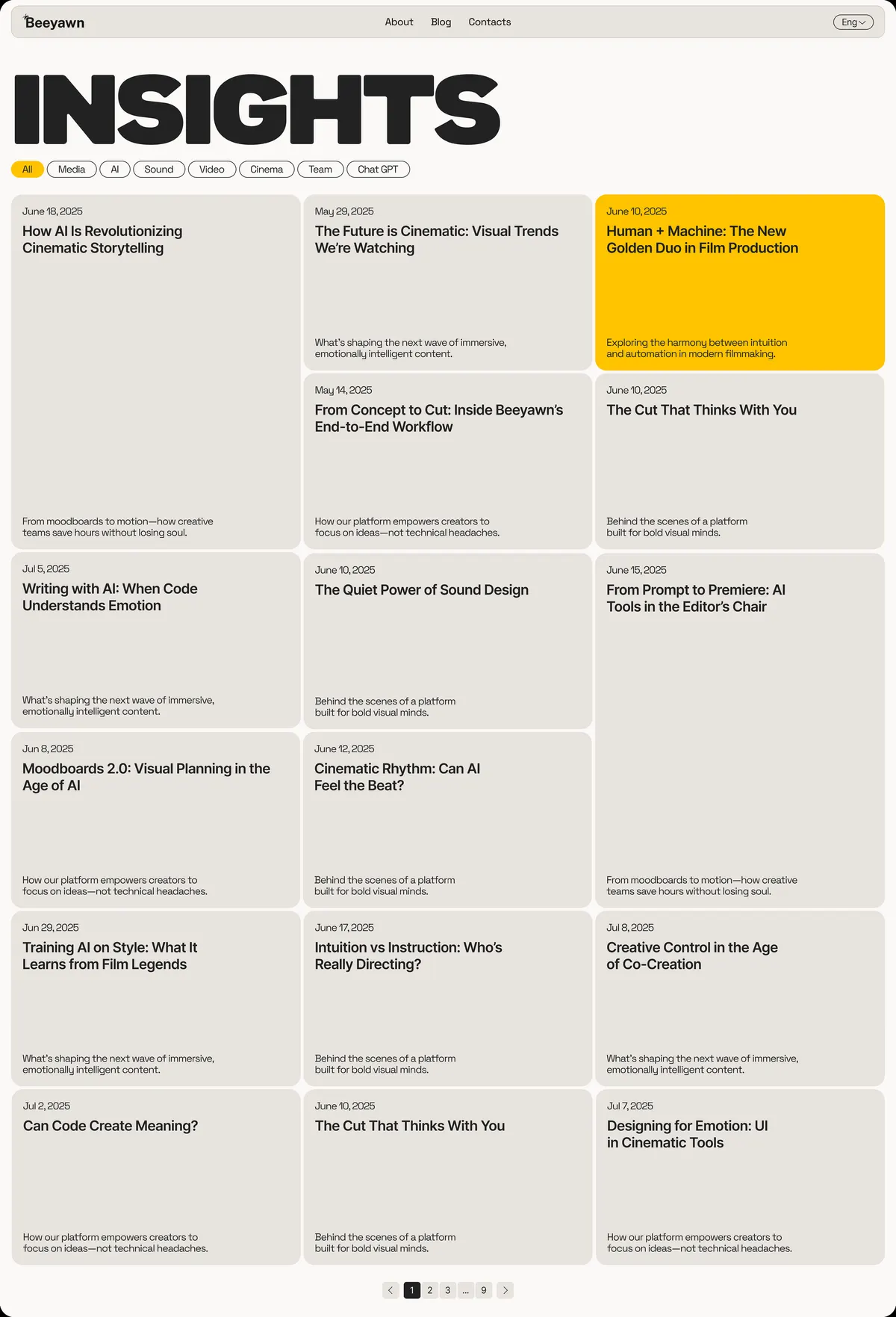 BEEYAWN Insights page with a grid of article cards