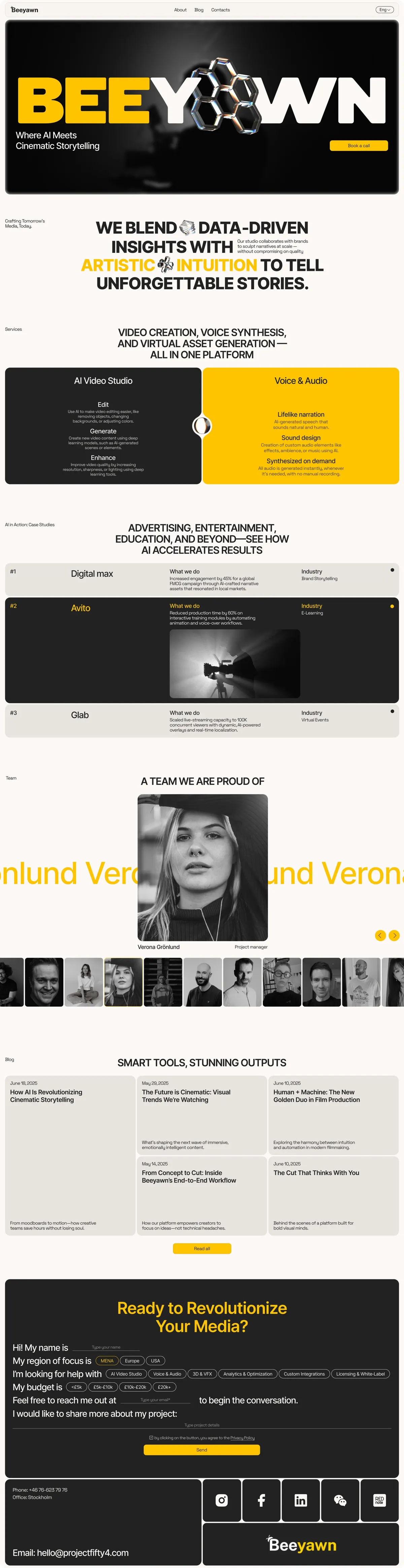 BEEYAWN home page with a cinematic first screen and AI video studio services