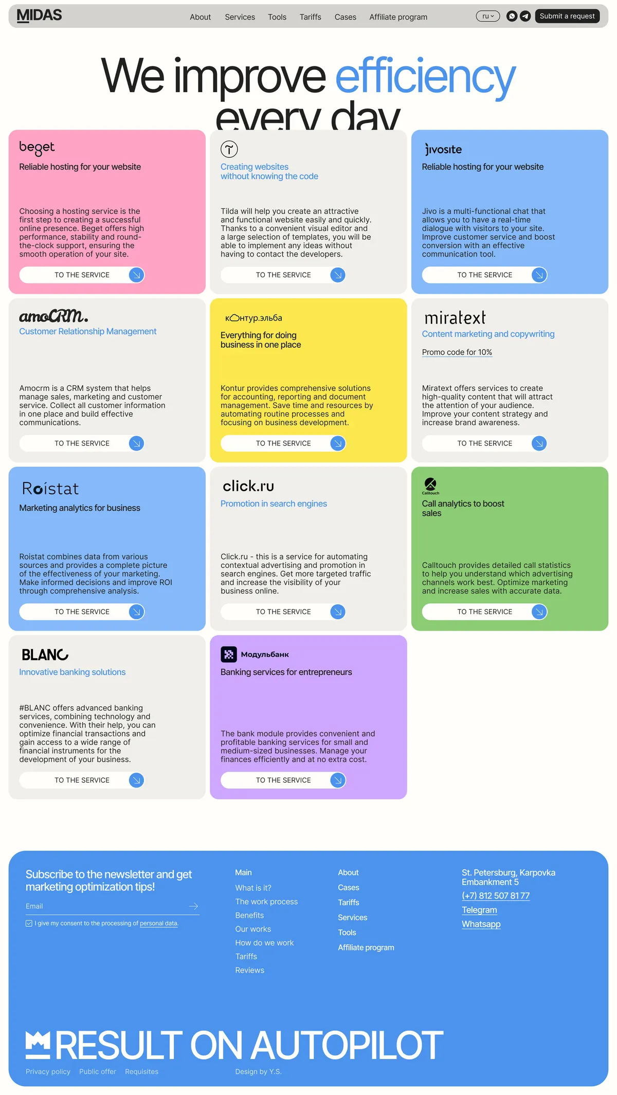 Midas tools page with a grid of colorful service cards