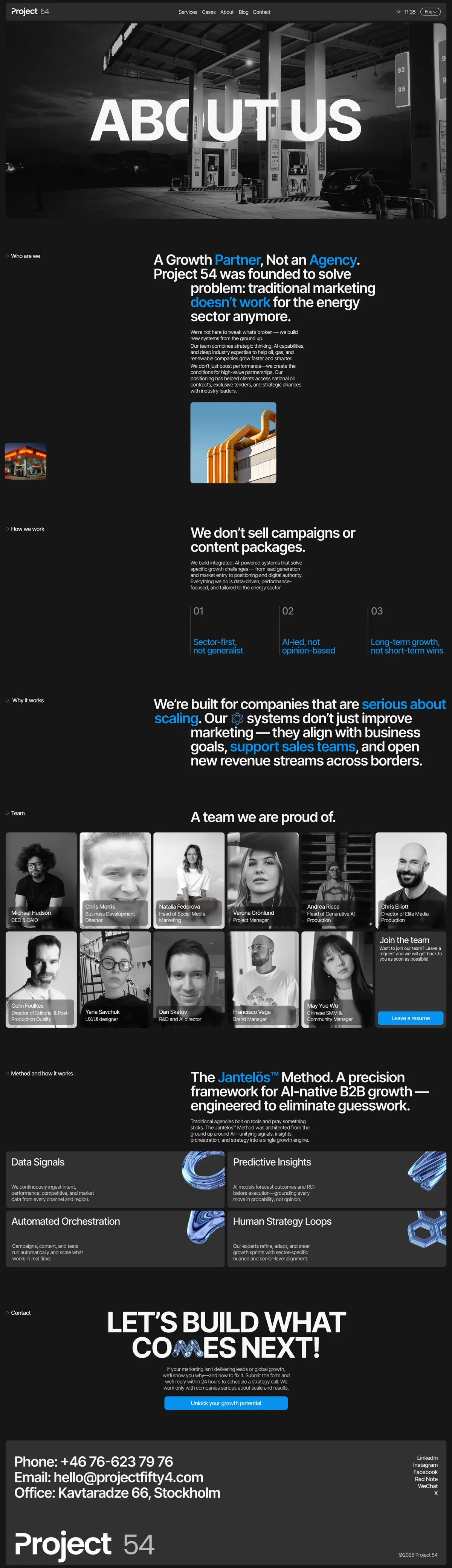 Project 54 About page with team photos and company method