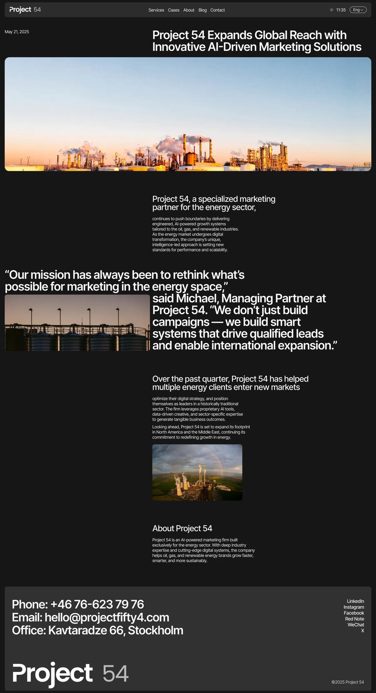 Project 54 article page with a large hero photo and pull quote