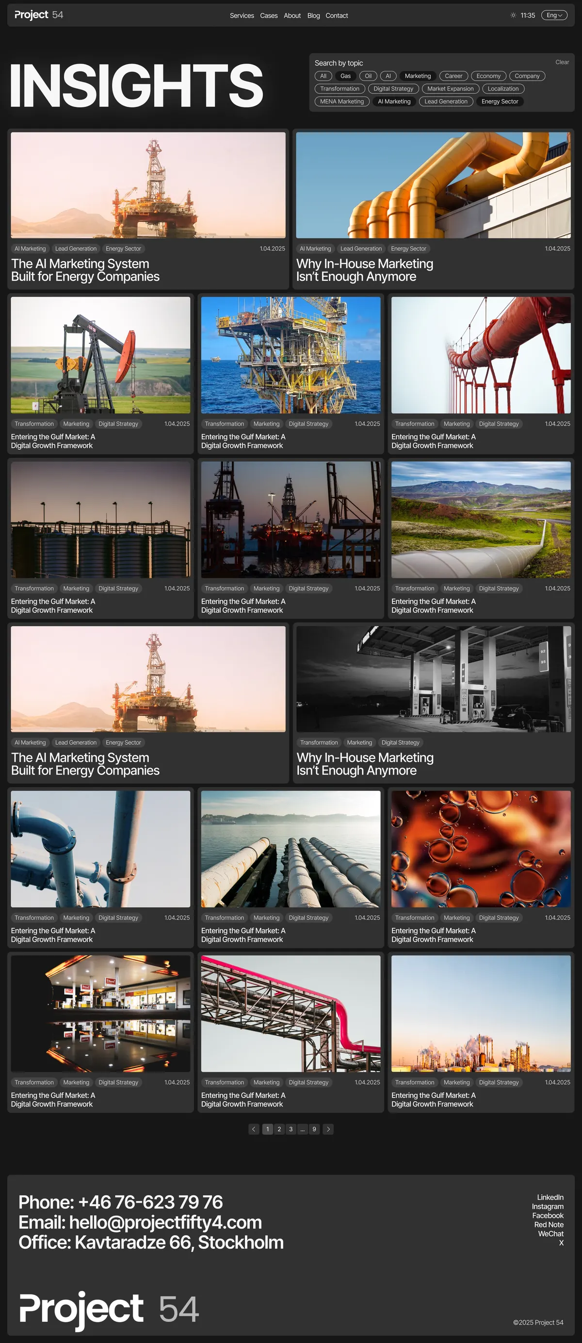 Project 54 Insights page with a grid of article cards and topic filters