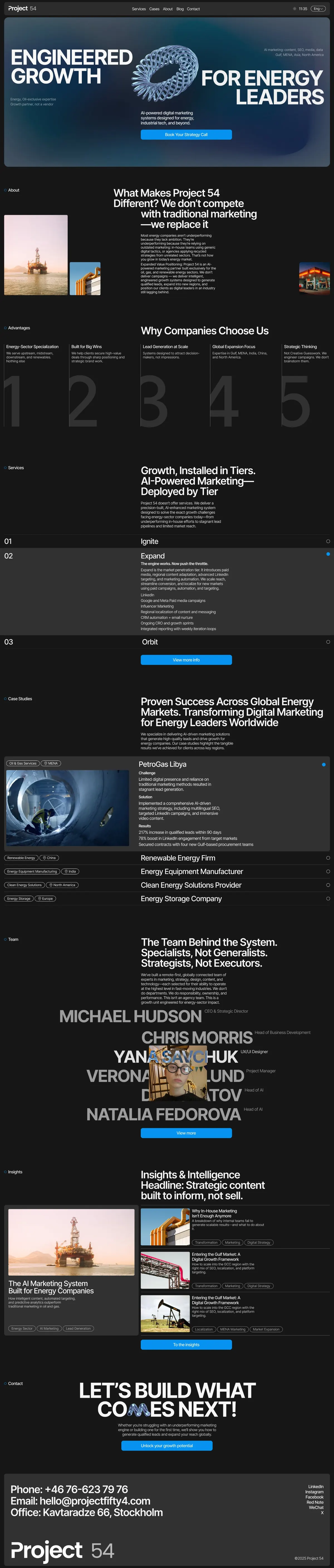 Project 54 home page with a dark first screen and energy-sector imagery