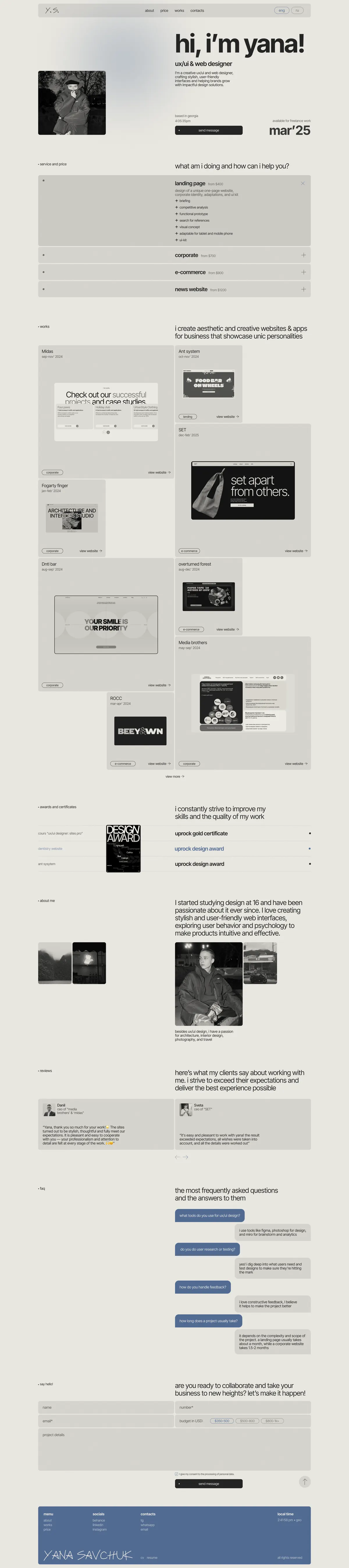 Yana Savchuk portfolio home page: introduction, services, works, reviews and FAQ